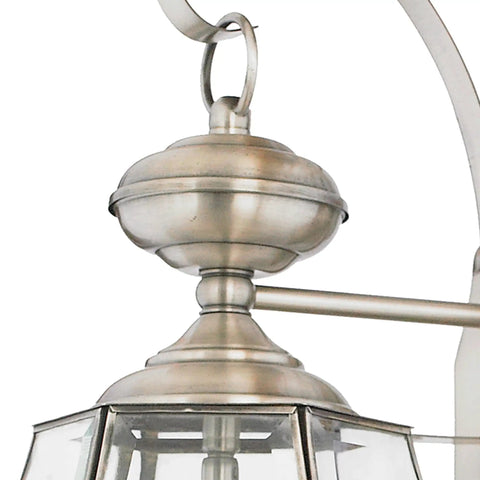 Close-up of Newbury 20 Inch Outdoor Wall Lantern, pewter finish, clear beveled glass, Old World French Country charm.