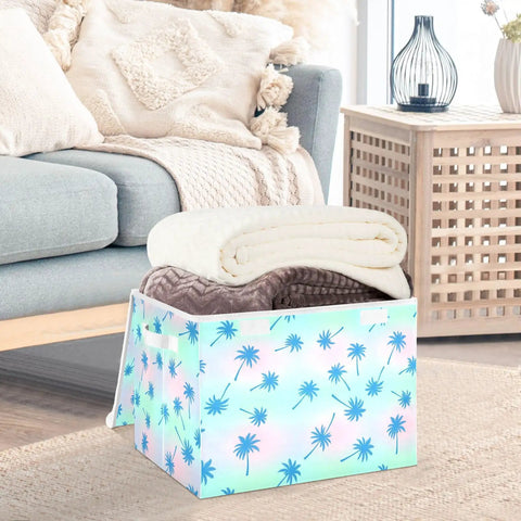 Insane Quality Foldable Storage Bin With Lid, Collapsible Box For Home Bedroom, 300D Oxford Fabric With Hollow Board Frame, Dustproof Flip Top Cover With Velcro Closure, Space Saving Container For Clutter Control holding rolled blankets.