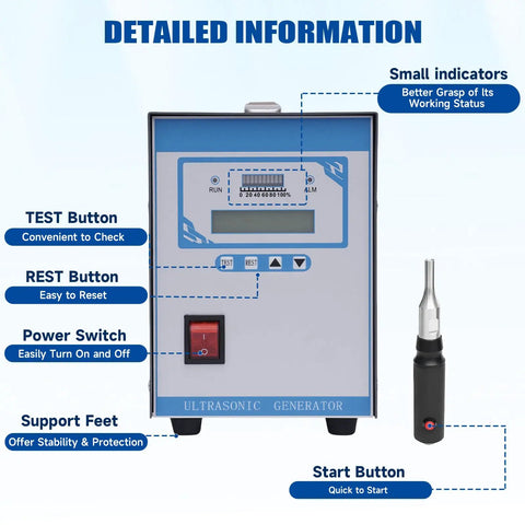 Close-up of control panel on Ultrasonic Plastic Welder 28KHz 700W featuring buttons and indicators with handheld spot welder