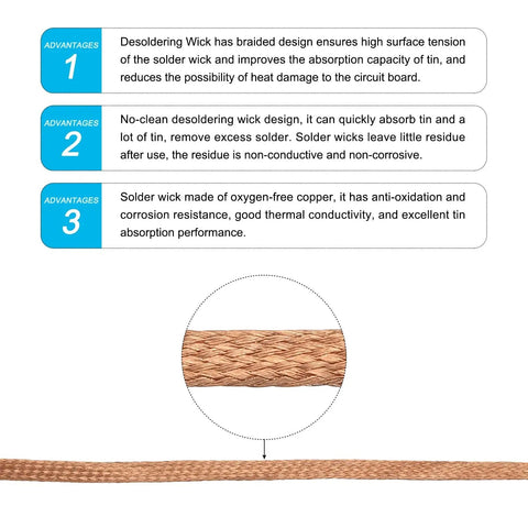 Desoldering Wick Braid No Clean Solder Removal Wire 0.12 Inch Wide 4.92 Feet Long Oxygen Free Copper 5 Pack detail view