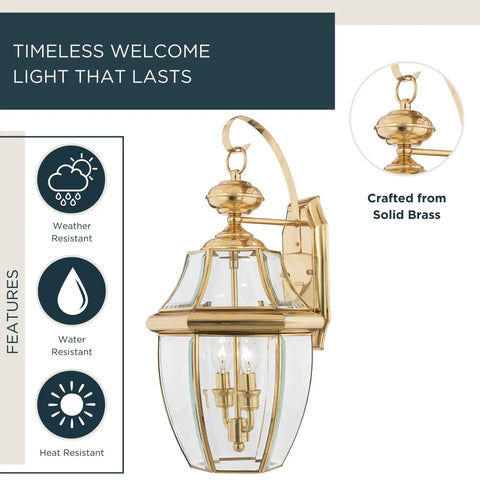 Newbury 20 Inch Outdoor Wall Lantern Two Light Polished Brass With Clear Beveled Glass E12 Base French Country Style