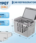 12 Volt Portable Car Refrigerator And Compressor Cooler With 19 Quarts Lightning Fast Cooling dimensions, capacity, and can storage visualization.