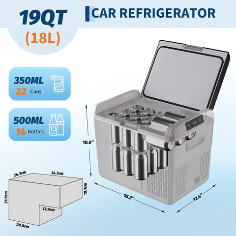 12 Volt Portable Car Refrigerator And Compressor Cooler With 19 Quarts Lightning Fast Cooling dimensions, capacity, and can storage visualization.