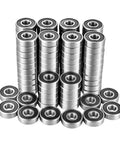 608 RS Chrome Steel Ball Bearings 100 Pack 8x22x7mm Pre Lubricated Double Rubber Sealed ABEC 3 High Speed Bearings stacked.