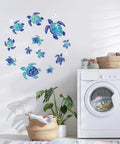 Laundry room with 12 Pcs Sea Turtle Wall Decals Set Ocean Turtle Vinyl Stickers For Bathroom Kitchen Nursery And Office Waterproof Underwater Wall Art Decor For Home Blue on wall.