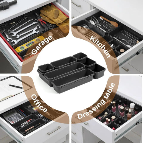 9 Piece Stackable Drawer Organizer Trays Set With Modular Design for desk, vanity, kitchen, and office drawer storage