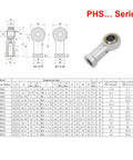 Heavy Duty Rod End Bearing 6mm Bore M6x1.0 Right Hand Heim Joint With Jam Nuts, Pre Lubricated, 2 Pack, Carbon Steel With Zinc Plated Finish, Chrome Plated Ball, 13 Degree Misalignment, 7.2 kN Static Load, PHS6 drawing
