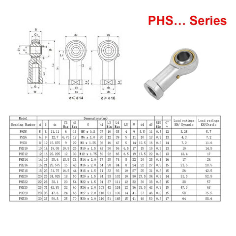 Heavy Duty Rod End Bearing 6mm Bore M6x1.0 Right Hand Heim Joint With Jam Nuts, Pre Lubricated, 2 Pack, Carbon Steel With Zinc Plated Finish, Chrome Plated Ball, 13 Degree Misalignment, 7.2 kN Static Load, PHS6 drawing