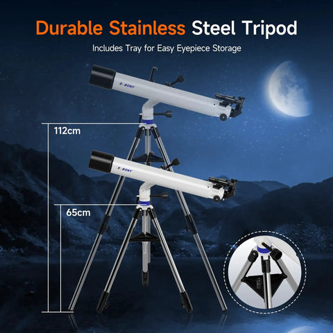 SV520 90mm Refractor Telescope Kit For Beginners With 800mm Focal Length AZ Mount all-metal stainless steel tripod under moonlight.