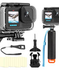GoPro Hero 9 10 11 12 13 Waterproof Housing Case 60M Dive Shell With Floating Hand Grip And Mount Kit, black and clear.