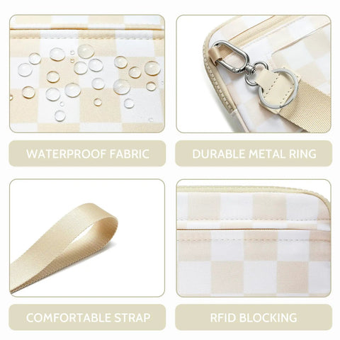 Close-up of Women's RFID Blocking Crossbody Wristlet Wallet with Four Zippers, checkered beige nylon, waterproof fabric details