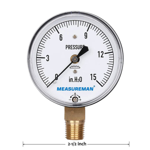 Diaphragm Type Capsule Low Pressure Gauge With 2-1/2 Inch Dial, 1/4 Inch NPT Lower Mount, Adjustable 0-15 In H2O, For Air And Water.