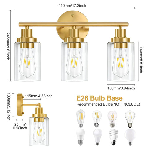 Brushed Brass 3 Light Vanity Wall Sconce With Clear Glass Shades, Modern Farmhouse Bathroom Fixture dimensions and bulb base