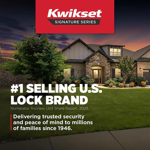 Kwikset signature series ad with house and text about being the #1 selling U.S. lock brand, highlighting security and trust.