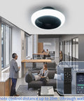 Super Quiet 18 Inch Ceiling Fan With Lights And Remote Control in a modern office setting, remote control shown