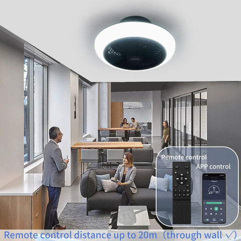 Super Quiet 18 Inch Ceiling Fan With Lights And Remote Control in a modern office setting, remote control shown