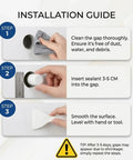 Installation guide for No-Sweat Heavy Duty Waterproof Sealant Mastic showing cleaning, inserting, and smoothing steps.