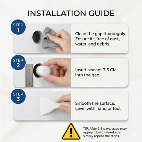 Installation guide for No-Sweat Heavy Duty Waterproof Sealant Mastic showing cleaning, inserting, and smoothing steps.