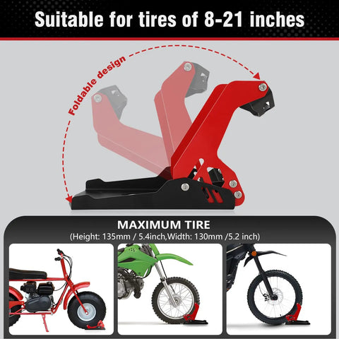 Heavy-Duty Steel Motorcycle Wheel Chock For Trailer Mount Built Tough, Anti-Rust Black And Red Finish, foldable design