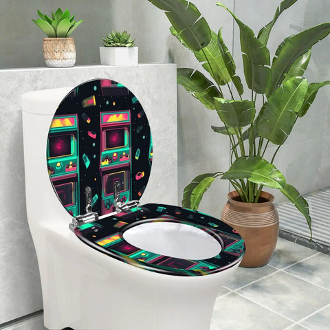 Seamless Toilet Seat, Bathroom styled with a colorful arcade design, fitting standard toilets with versatile size compatibility.