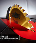 Industrial 10 Inch Cabinet Saw Featuring Beefy 5 Hp Motor Knockout Safety Brake And Rock Solid 52 Inch T Glide Fence Assembly showing SawStop titanium blade with safety feature.