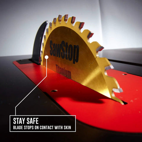 Industrial 10 Inch Cabinet Saw Featuring Beefy 5 Hp Motor Knockout Safety Brake And Rock Solid 52 Inch T Glide Fence Assembly showing SawStop titanium blade with safety feature.