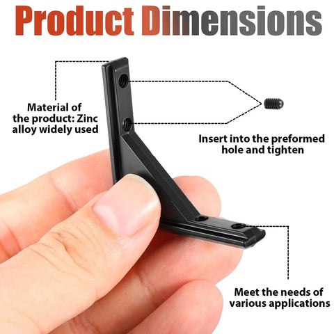 Heavy Duty Black Corner Brackets For 20 Series T Slot Aluminum Extrusion with zinc alloy material, showcasing detailed dimensions.