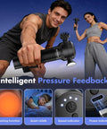 Man holding Deep Tissue Massage Gun With Heating For Sore Muscles Handheld Vibration Massager 4 Speeds 3 Heads with smiling woman