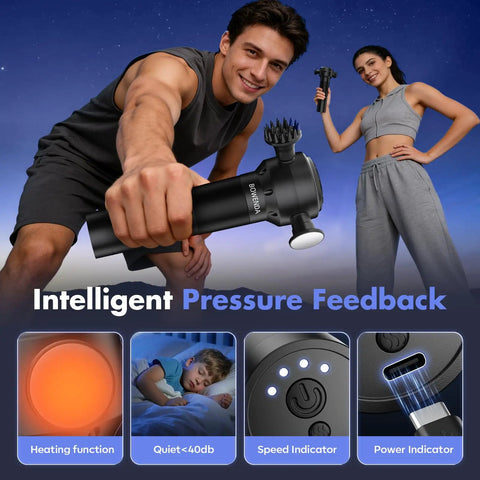 Man holding Deep Tissue Massage Gun With Heating For Sore Muscles Handheld Vibration Massager 4 Speeds 3 Heads with smiling woman