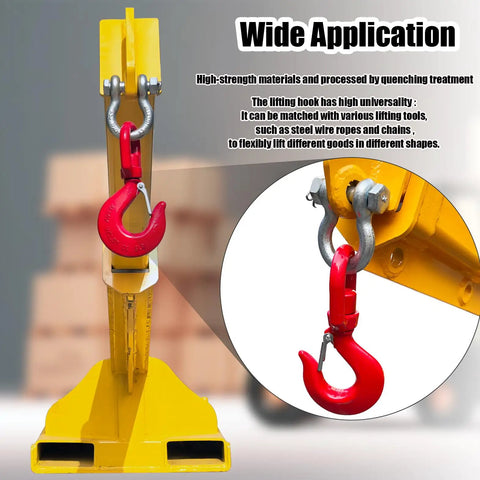 Heavy Duty Workhorse Forklift Jib Boom Crane With 11000 Lbs Capacity And Adjustable 94.5 Inch Telescopic Arm Built Like A Tank For No Sweat Warehouse And Shop Rigging, featuring a red lifting hook.