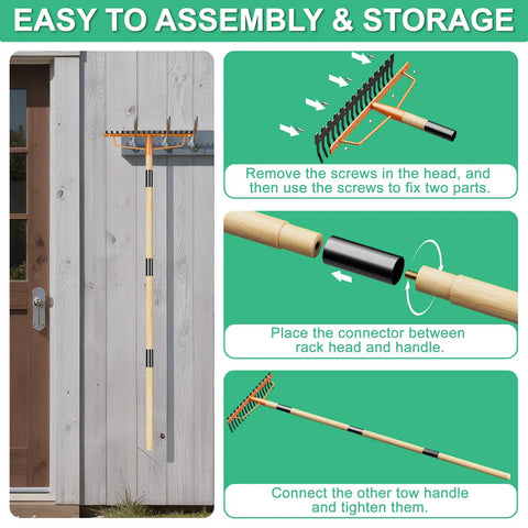 Assembly steps for Heavy Duty Bow Rake With 17 Tines And 55 Inch Adjustable Wooden Handle Built To Last for lawn care and gardening.