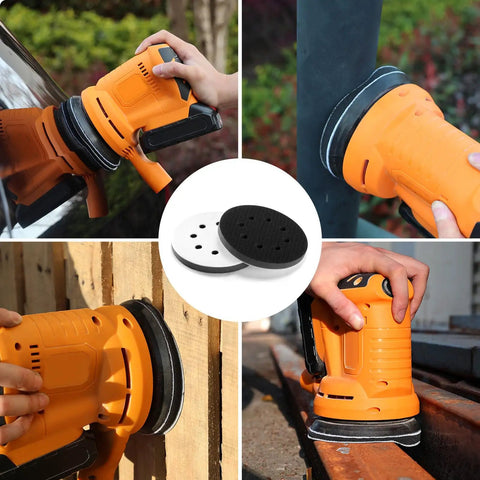 Collage of 5 Inch 8 Hole Interface Pad For 5 Inch Orbital Sander With Hook And Loop Backing Soft Foam Cushion in use on wood and metal.
