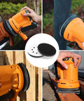5 Inch 8 Holes Interface Pad Set Of 5 for orbital sanders with hook and loop backing on sander in action and stacked