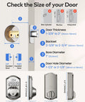 Wifi Fingerprint Smart Door Lock For Front Door Keyless Entry With App Remote Control and Alexa Google Home Compatible Fresh Satin Nickel Design size guide showing dimensions.