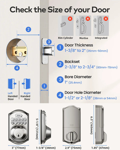 Wifi Fingerprint Smart Door Lock For Front Door Keyless Entry With App Remote Control and Alexa Google Home Compatible Fresh Satin Nickel Design size guide showing dimensions.