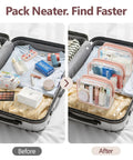 TSA Ready Travel Toiletry Bag Set, Clear Makeup Bags 3 Pack Medium, Smooth Metal Zippers, organized in suitcase before and after comparison