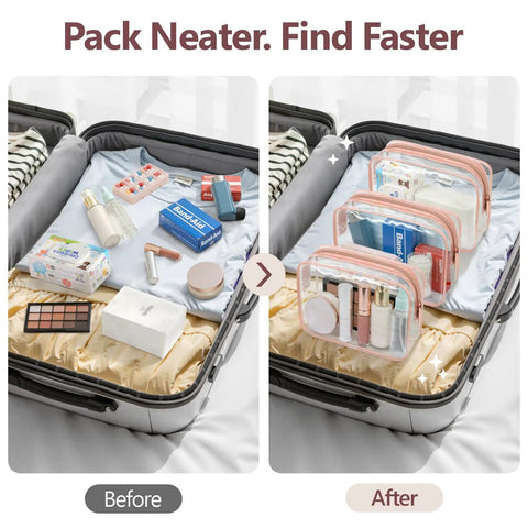 TSA Ready Travel Toiletry Bag Set, Clear Makeup Bags 3 Pack Medium, Smooth Metal Zippers, organized in suitcase before and after comparison