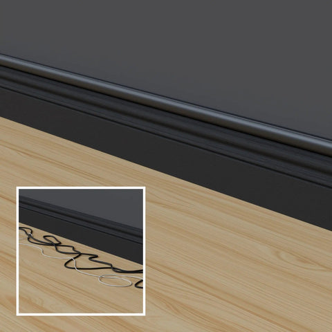 Beige Self-Adhesive Cable Raceway Kit For Wall Wires, paintable cover on wall hiding cords with black baseboard.