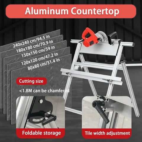 Heavy Duty Electric Tile Bevel Cutter With 43 Degree Chamfer Angle Rock Solid Aluminum Base Powerful 1200W Motor Wet Dust Free Cutting Setup Two Diamond Blades And Water Pump For Ceramic Porcelain Tiles with adjustable tile width and foldable storage.