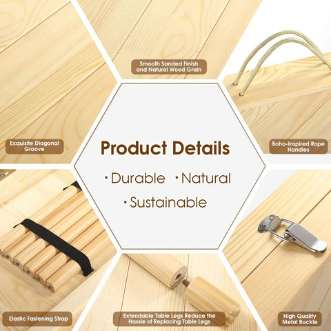 Close-up of features of Folding Picnic Table With Table Runner Portable Boho Wooden Table 80 By 30 Inches With Adjustable Heights.