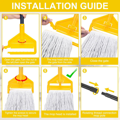 Installation guide for Commercial Heavy Duty Mop Pack with cotton loop head and long handle for easy use and assembly.