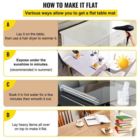 Instructions on how to make a Clear Desk Protector Mat 42 By 78 Inch 1.5 Millimeter Thick Waterproof PVC Pad flat using household items.