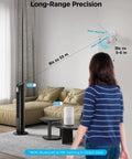 Smart Motion Sensor For Home Automation With Group Control Over Unlimited Devices in living room demonstrating 55m range