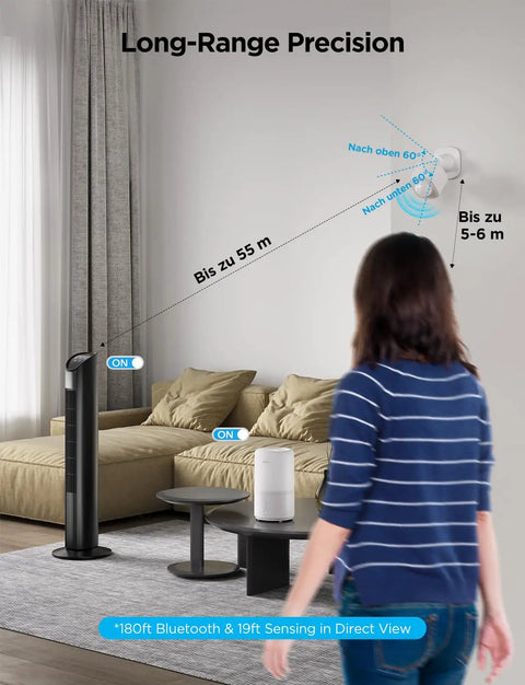 Smart Motion Sensor For Home Automation With Group Control Over Unlimited Devices in living room demonstrating 55m range