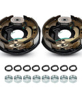 Pair Of 10 X 2-1/4 Electric Trailer Brakes For 3500 Lb Axles With Four Bolt Mounting and No Fuss Manual Adjustments showing brake assembly and hardware.