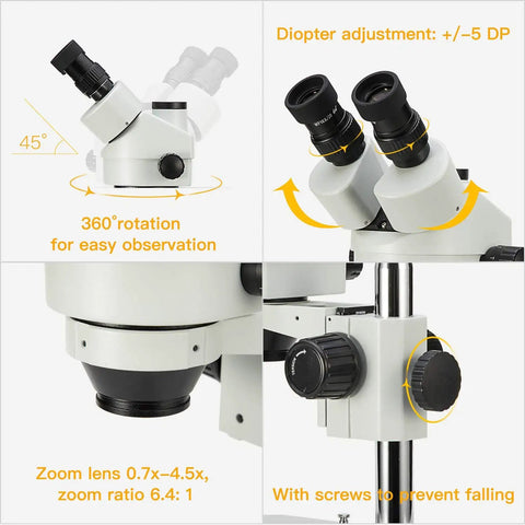 Trinocular Stereo Zoom Microscope With 56 Bulb LED Ring Light 3.5X To 90X Magnification WF10X Eyepieces 0.7X To 4.5X Zoom Objective 0.5X And 2.0X Additional Objectives Table Pillar Stand Pro Grade Lab Gear For Researchers And Gemologists, 45° head, 360° rotation