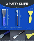 3D printer tool kit with stainless knife, blue nylon-handle, wood spatula, and yellow plastic scraper (front)