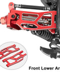 Beefy Aluminum RC Suspension Arms Kit For 1 Sixteenth Mini XRT Monster Truck Upgrade Front Rear Upper And Lower Arms In Red High Strength Alloy For Stiffer Handling And Fully Adjustable Suspension Geometry shown in detail with focus on front lower arm.