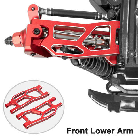 Beefy Aluminum RC Suspension Arms Kit For 1 Sixteenth Mini XRT Monster Truck Upgrade Front Rear Upper And Lower Arms In Red High Strength Alloy For Stiffer Handling And Fully Adjustable Suspension Geometry shown in detail with focus on front lower arm.
