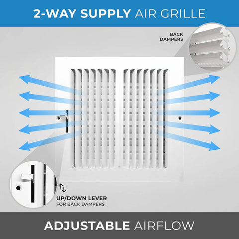 Sweet 8 By 8 Inch Two Way Vertical Air Supply Grille Flat Face White showing adjustable airflow directions and control levers.